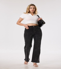 MEET ME Noir Crystal Boot Cut Jeans | Women's Black Rhinestone Denim