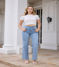 METT ME  Denim Arctic Sparkle Jeans | Light Wash Rhinestone Boot Cut Denim