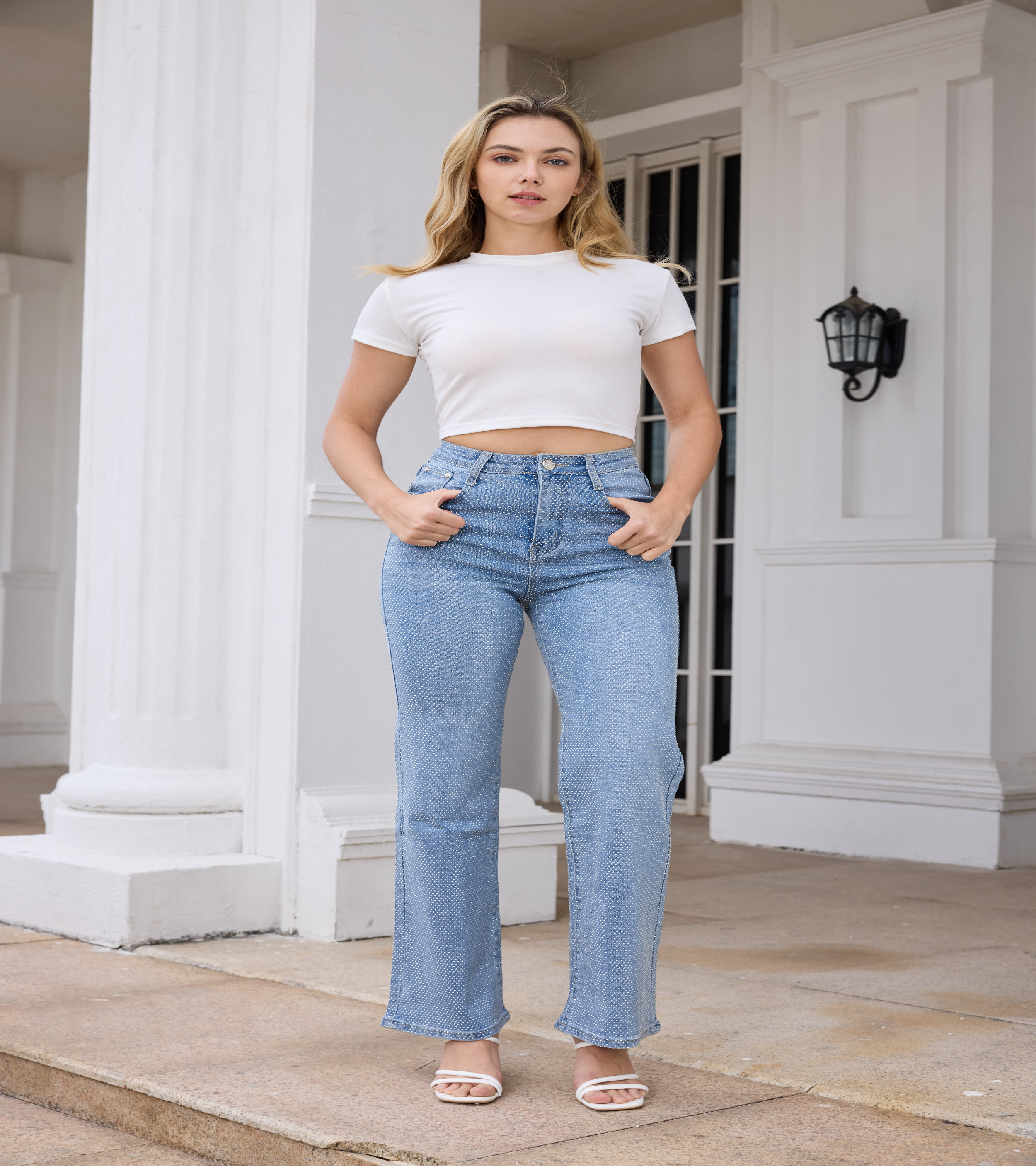 METT ME  Denim Arctic Sparkle Jeans | Light Wash Rhinestone Boot Cut Denim